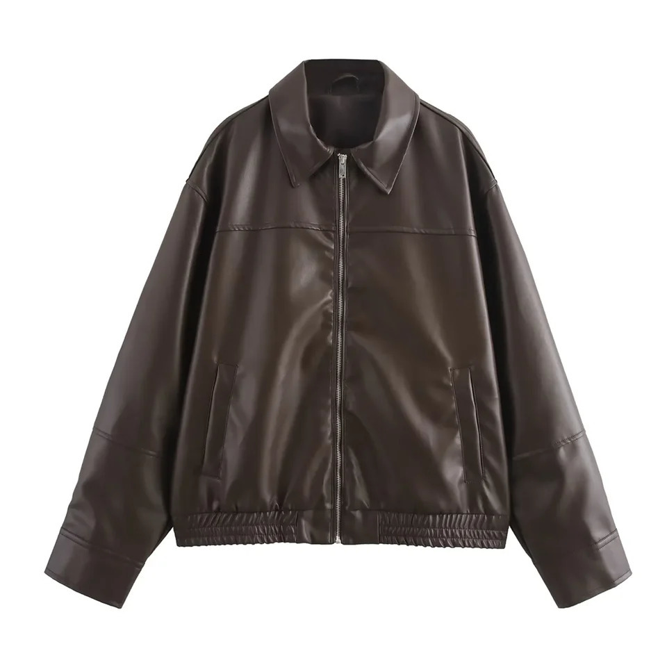 PB ZA Autumn/Winter Product Womens Mid to Long Length Leather Pilot Jacket Leather Coat 250122