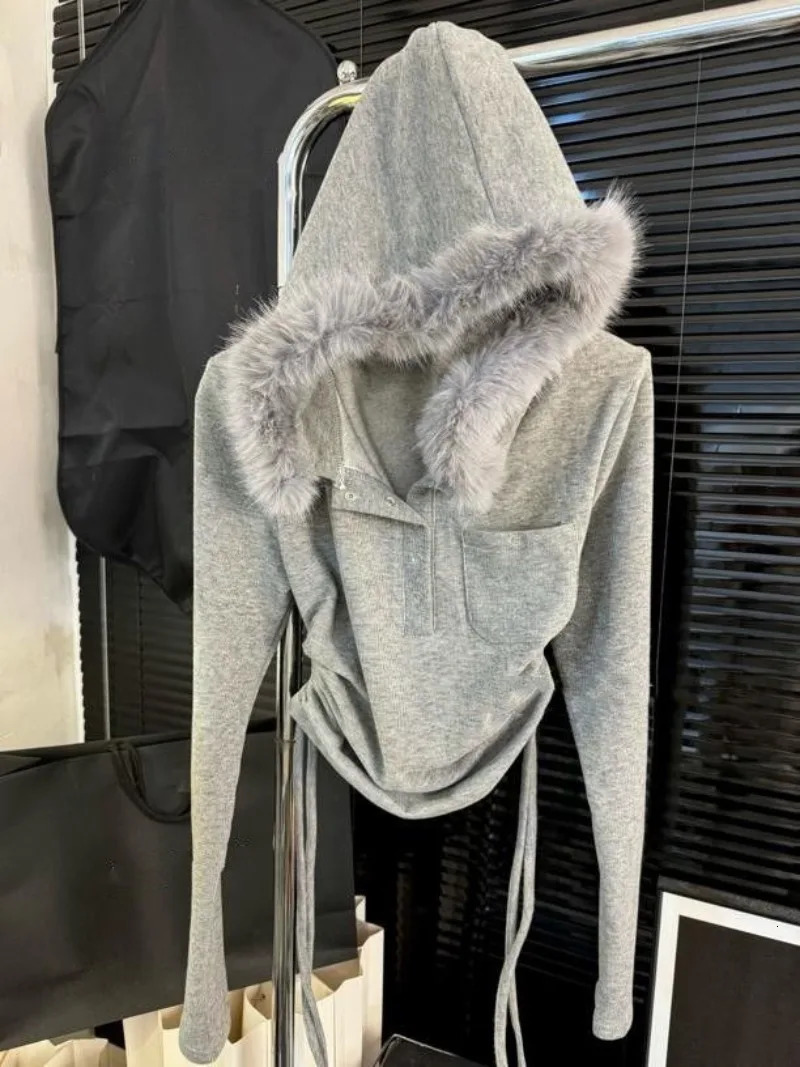 Korean Simple Solid Color Fur Collar Hoodies Women Fashion Retro Street Girl Slim Fit Harajuku Casual Hoodie 250116