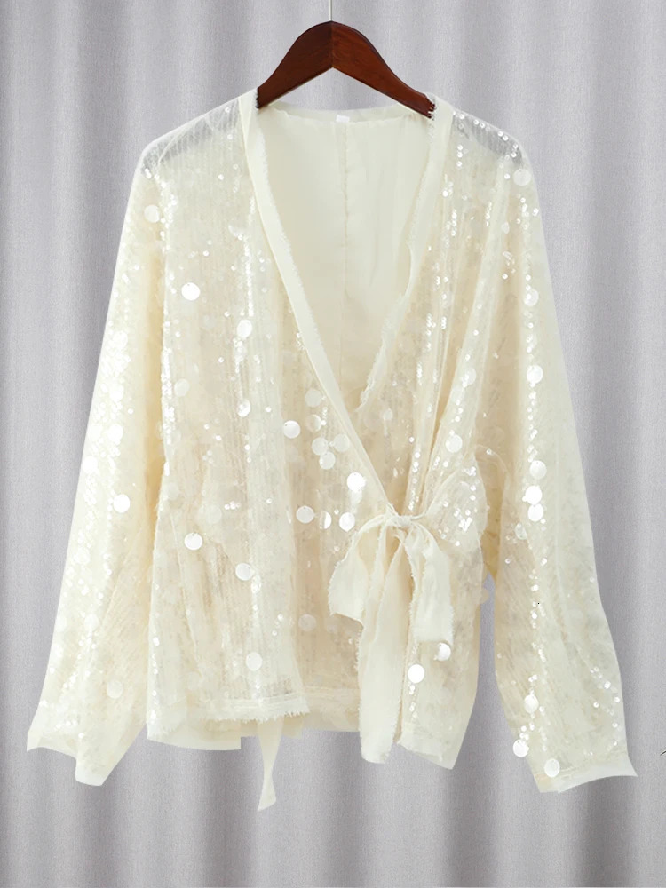 Fashion Lace Up Sequins Patchwork Coat Women Chic V Neck Long Sleeves Loose Jacket 2024 Autumn Lady High Street Outerwears 250113
