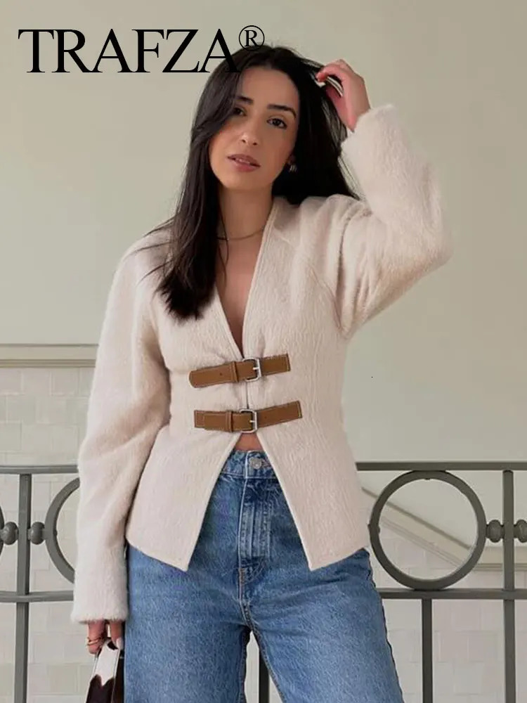 TRAFZA Retro Leather Buckle Woolen Coat Women Fashion Solid V Neck Long Sleeve Beige Jacket Autumn Spring Chic Female Streetwear 250113