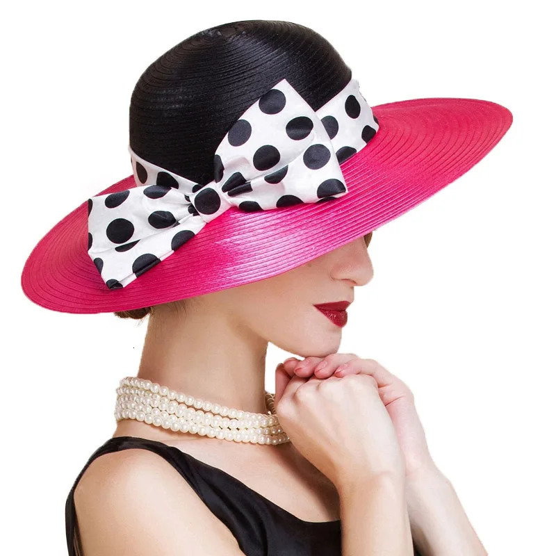 FS Elegant Women Wide Brim Rose Black Patchwork Polka Dots Kentucky Hat For Wedding Party Big Bowknot Fedora Beach Cap 250118