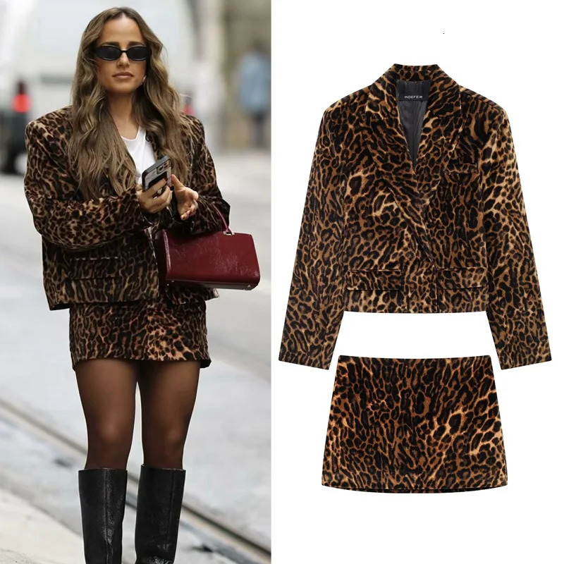 HXAO Leopard Velvet Ski Set Womens Two Piece Autumn Crop Jacket Elegant Mini High Waist 250122