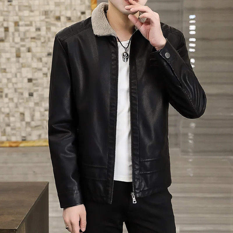Fur Collar PU Leather Jacket Men Winter Leather Jacket Solid Color Thick Coat Male Thermal Fleece Casual Stand Collar Clothing 250120