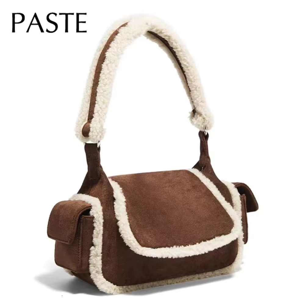 Ins Chic Matte Cowhide Leather With Real Lamb Wool Women Shoulder Bag Fashion Kakhi Color High-End Female Handbag Small