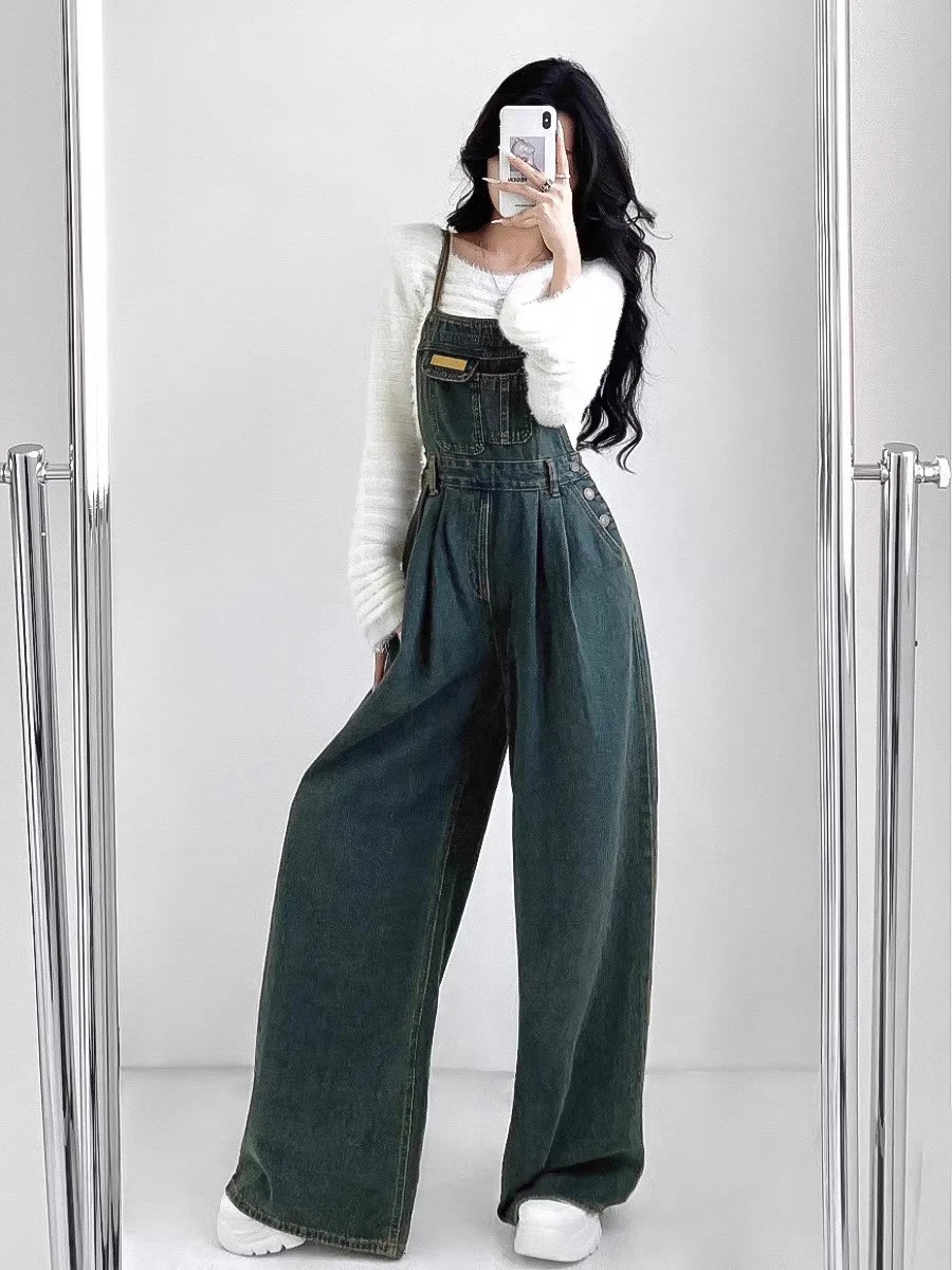 REDDACHiC 90s Retro Green Wash Women Jumpsuit Pleated Pocket Bib Pants Wide Leg Denim Overalls Loose Casual Y2k Dungaree Rompers 250122