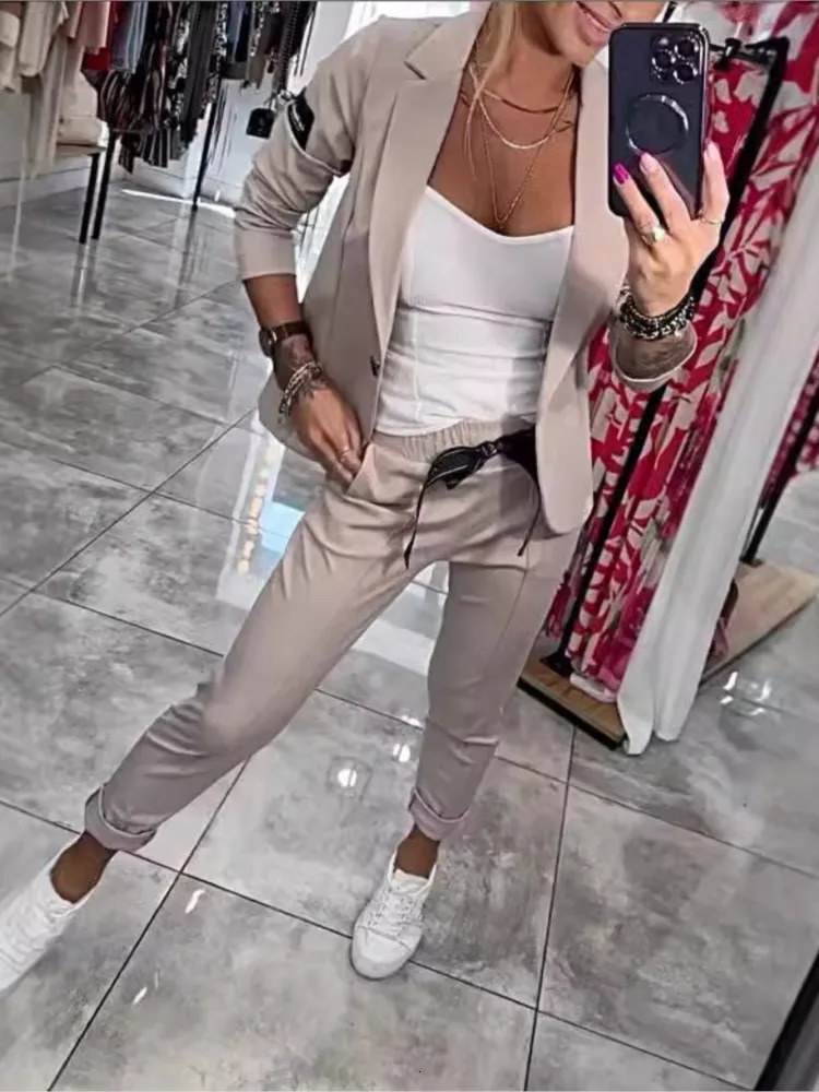 Casual Solid Slim Fit Blazer Twopiece Sets Autumn And Winter Women Fashion Button Cardigan Jacket Pencil Pants 2pcs Suit 250122