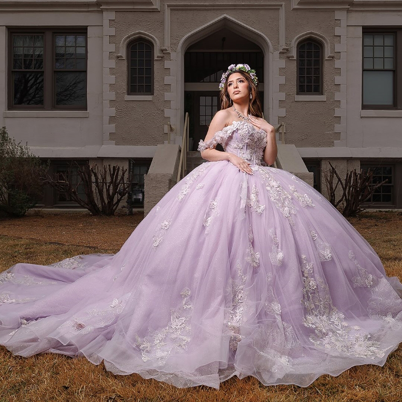 Lilac Quinceanera Dresses Ball Gown Off Shoulder Appliques Bow Beading Tull Corset Birthday Party Sweet 16 Dress Vestidos 15 De Anos