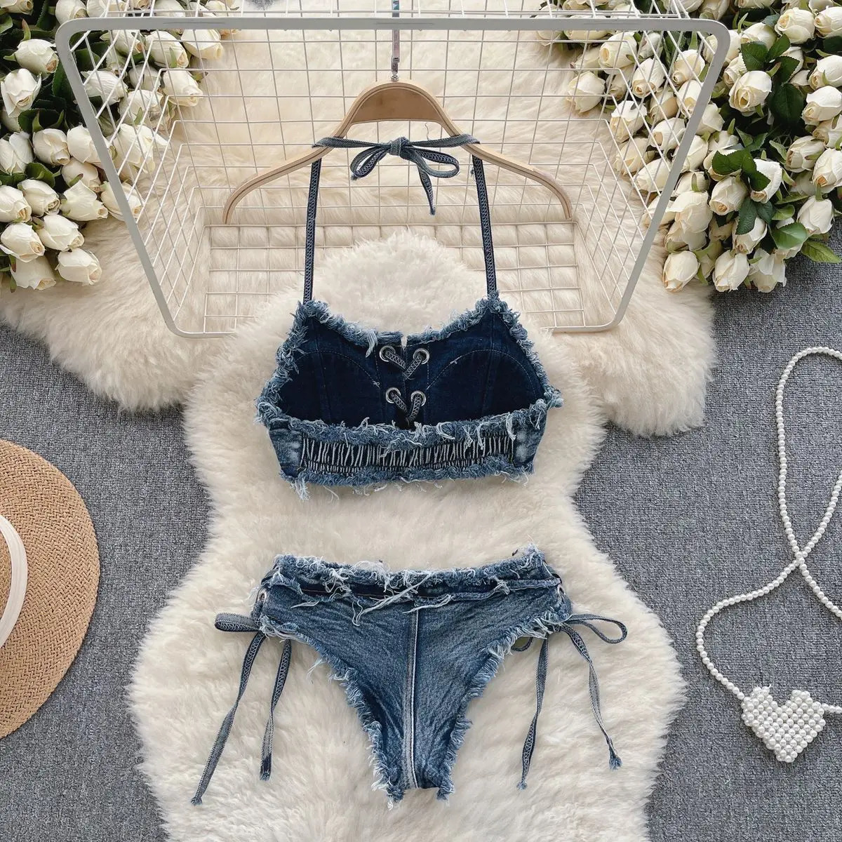 Womens Bikinis Set Summer Sexy Denim Strap Bra Vest and Low Waist Shorts Bathing Suit Swimsuit Swimwear 250107