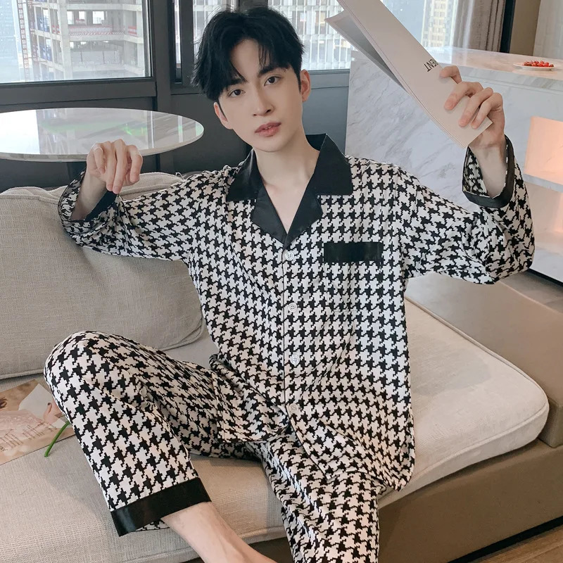 n Houndstooth Pajama Men Ice Silk Pyjama Set Youth Home Wear Teenager Night Clothes Long Sleeve Suit SleepwearSet Male 250122