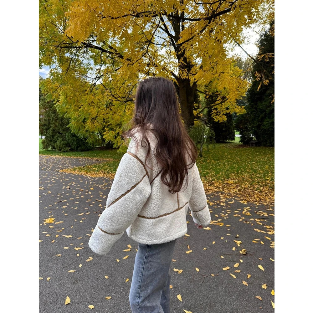 RZRA2024 winter womens clothing contrast color stripe fleece doublesided lapel jacket fashionable warm versatile 250109