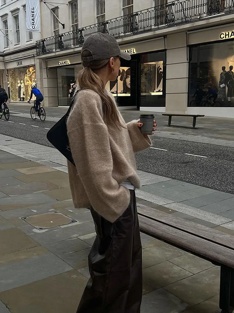 Soft Solid Mohair Knitted Pullover For Women Casual Loose O-neck Long Sleeve Sweater Autumn Female High Street Knitwear 250118