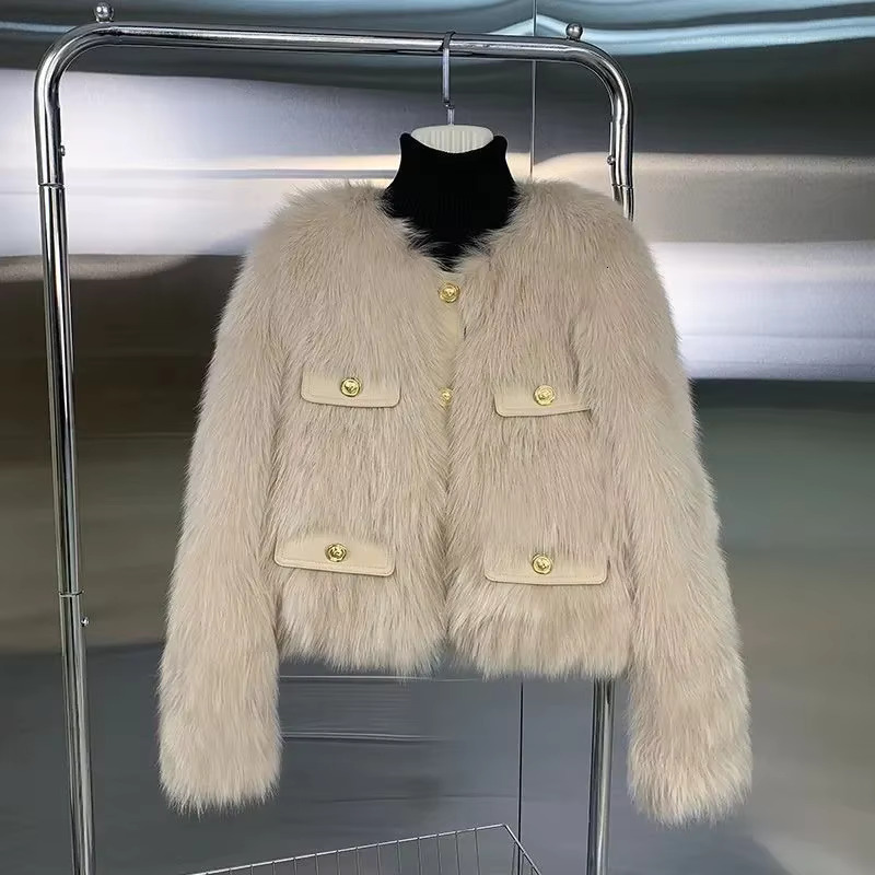 Autumn Winter Short Faux Ladies Coat Round Neck Long Sleeves Fur Female Jacket New Thickening Plush Women Outwear