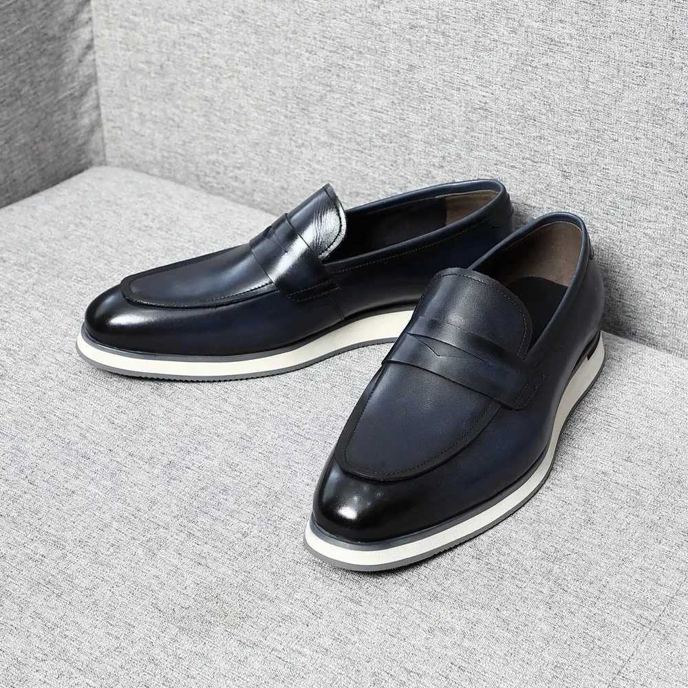 Classy Mens Casual Business Shoes Genuine Cow Leather and Flat Penny Loafers Spring/Autumn Sneakers Blue Black Size 38 To 46XJ250118