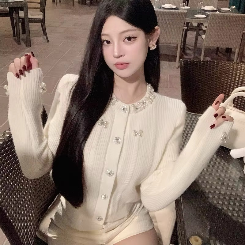 Cardigan Beading Pure Temperament Ins Knitted Korean Fashion Cropped All-Match Daily Autumn Winter Sweet Gentle Girls Elegant