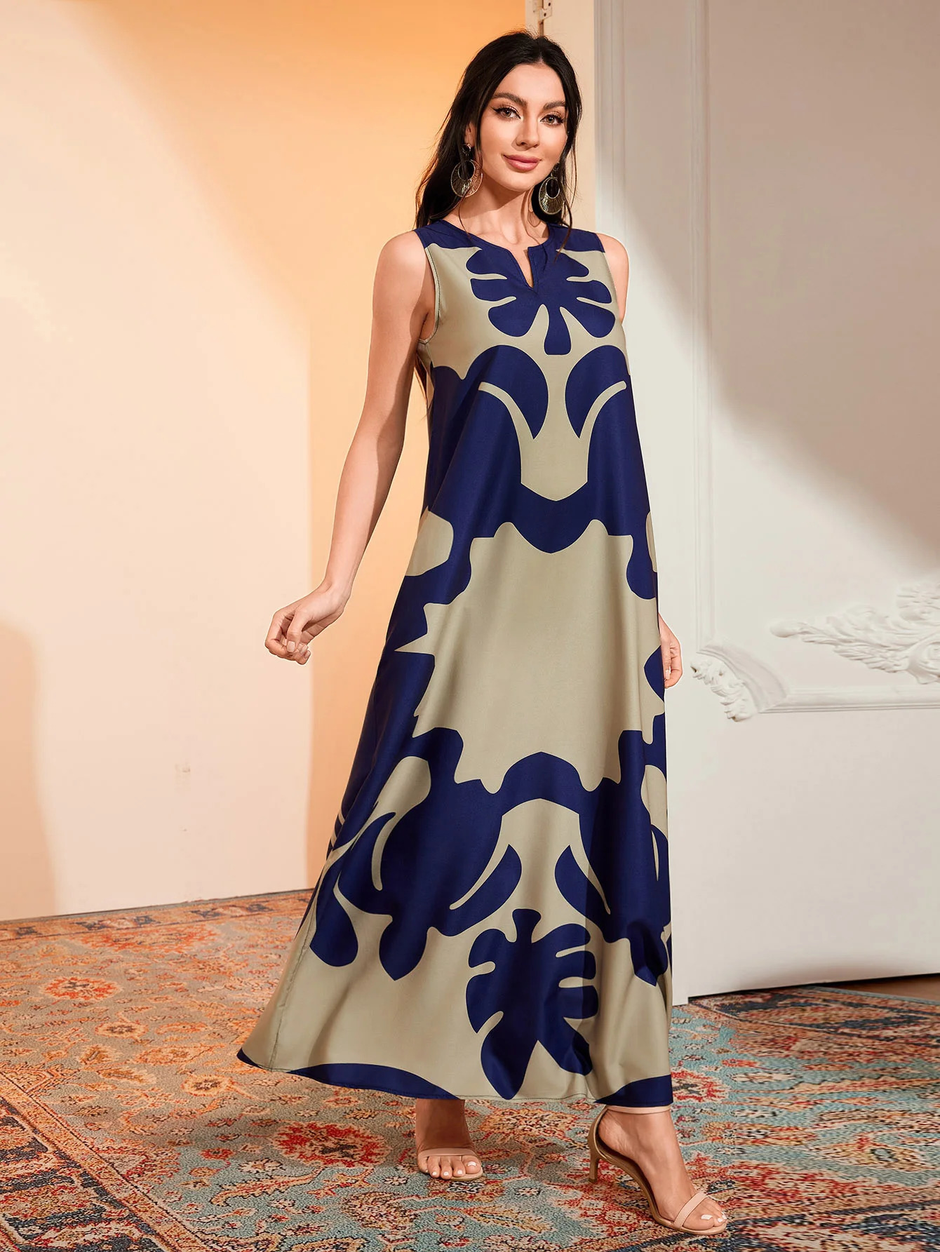 Womens summer Boho vintage maxi dress Womens pocket loose casual print A-line dresses 250117