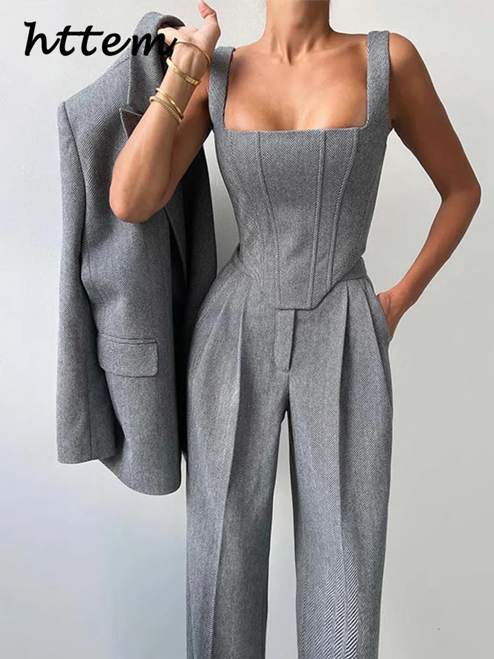 Fishbone Top Blazer Pants Sets 3 Pieces For Women Solid One Button Jacket Crop Tops High Waist Pocket Pant Lady Office Set 250118