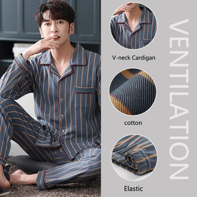 100% Cotton Mens Fall and Winter LongSleeved Long Pants MiddleAged Thin Section of Pajamas Sleepwear Homewear Suit Loungewear 250122