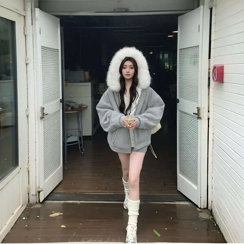 American Streetwear Goth Baggy Long-sleeved Women Fur Collar Spliced Zip Up Hoodies Sweatshirt Autumn and Winter Warm Jacket 250109