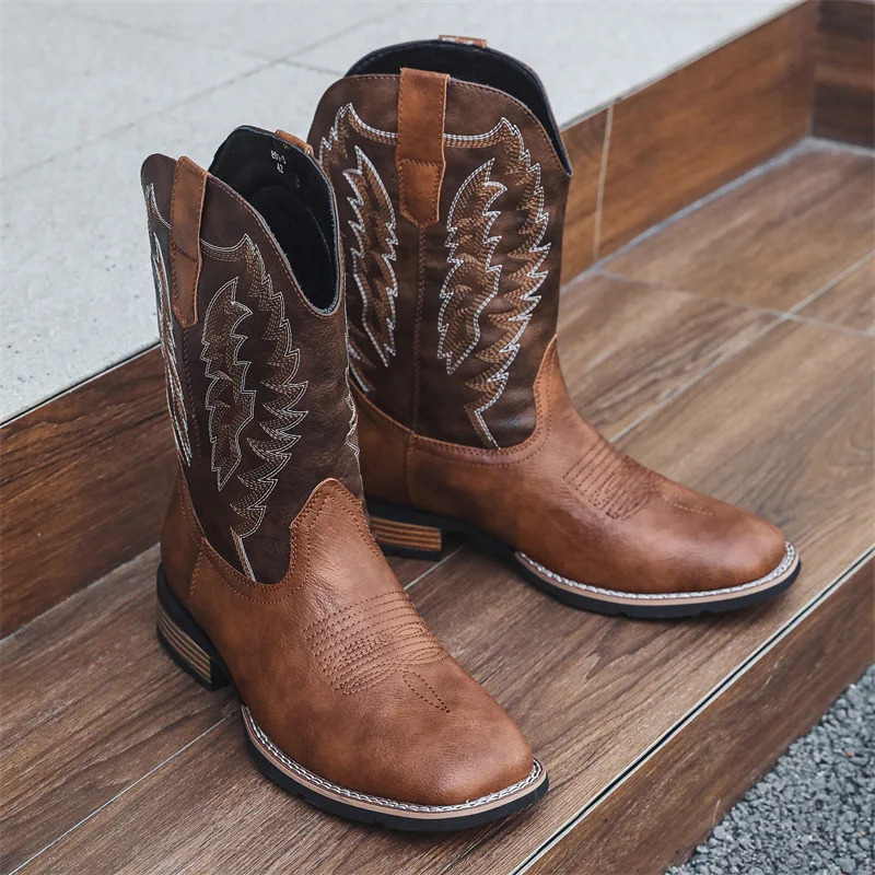 Mens Classic Retro Western Cowboy Boots Mens Fashion Embroidery Mid-Calf Leather Boot High-top Casual Shoes for Men 250120