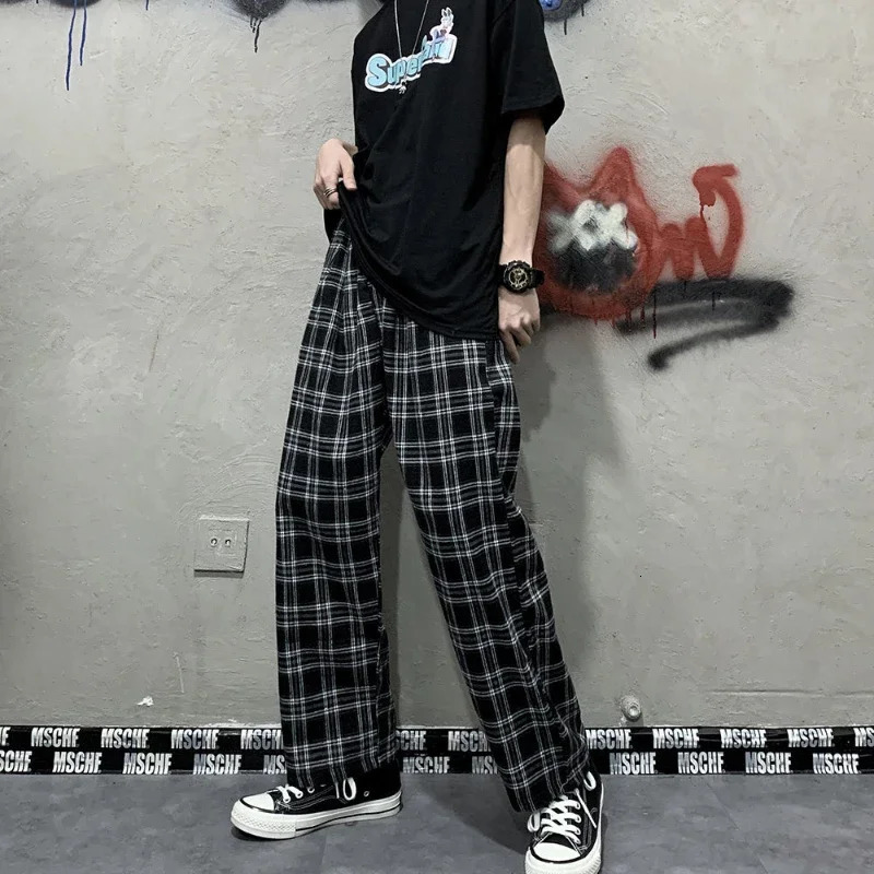 Korean Style Plaid Pants Women Summer Loose Straight Wideleg Casual Office Lady Trousers Daily Sweatpants Female 250122