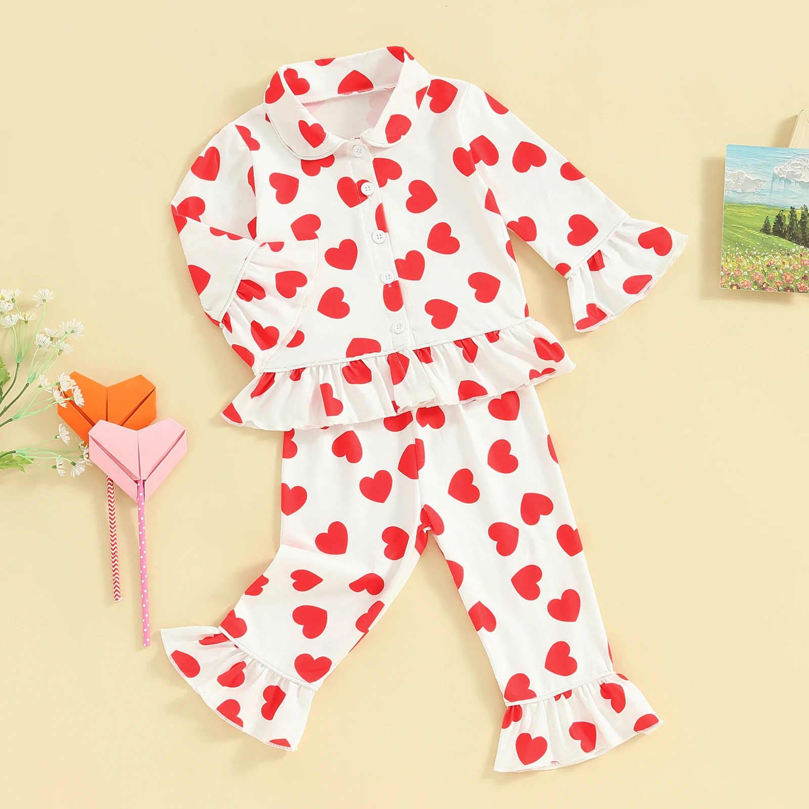 Pudcoco Kids Girls Valentine Pajamas Sets Heart Print Ruffled Button Long Sleeves Shirt and Elastic Flared Pants Loungewear 1-6T 250121