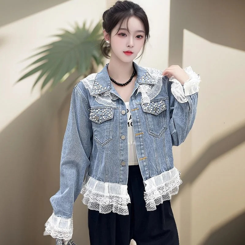 Women Denim Jacket 2025 Fashion Lace Patchwork Spring Autumn Casual Jeans Coat Outerwear Top Large Size 5XL 250113