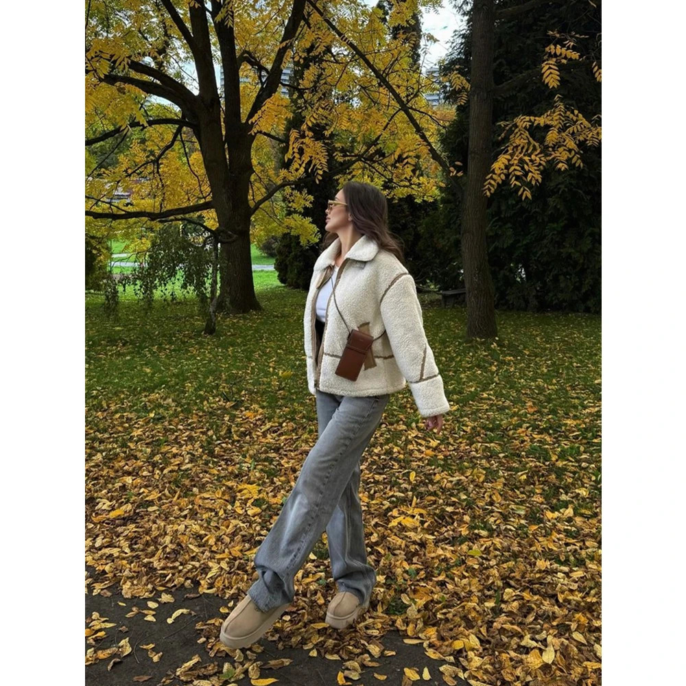 RZRA2024 winter womens clothing contrast color stripe fleece doublesided lapel jacket fashionable warm versatile 250109