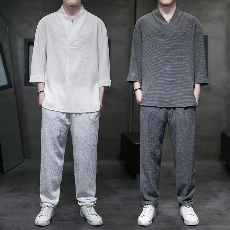Vintage Button Tops Mens Two Piece Set Summer Casual Shirt and Pants Suits Outfit for Men Solid Color Tracksuit Leisure Clothing 250110