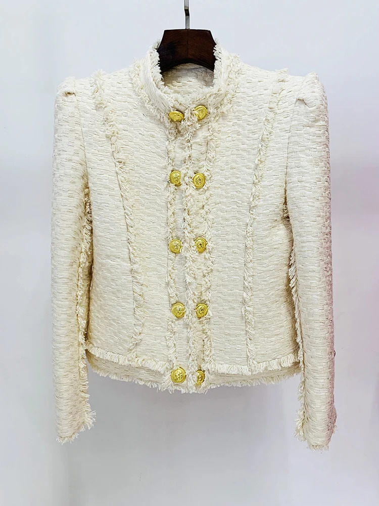 HIGH STREET est FW ner Fashion Suit Set Womens Lion Buttons Tassel Fringed Tweed Jacket 250122