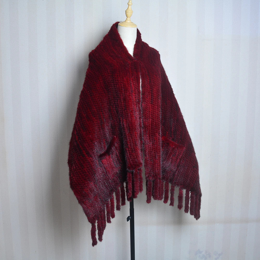 2025 Women Genuine Knitted Mink Fur Showl Scarf Lady 100%Natural Real Mink Fur Shawl With Tassel Fashion Mink Fur Ponchos 250120