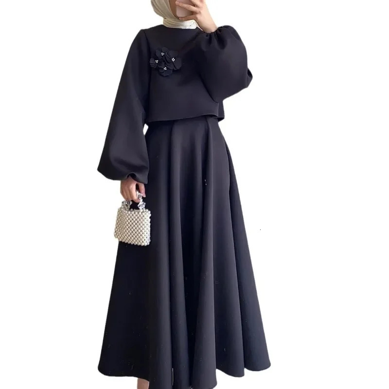 Autumn Womens Clothing Flower Three-Dimensional Decoration Lantern Sleeve Solid Color Skirt Suit Two-Piece Set 250122