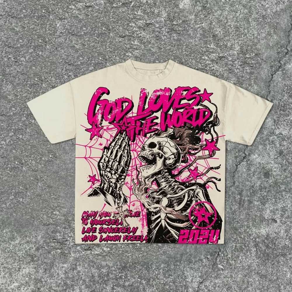 Casual Short Sleeve God Loves The World Graphics 00% Cotton T-Shirt Men Y2K Short Sleeves Oversize Tshirt Streetwear Women Tops W250117