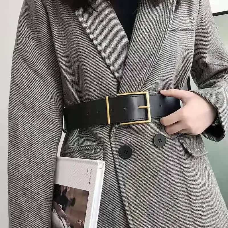 Womens Fashion Black Wide Belt Square Pin Buckle Imitation leather Waist Strap Decorative Coat Dress Simple Dress Waistband W250120