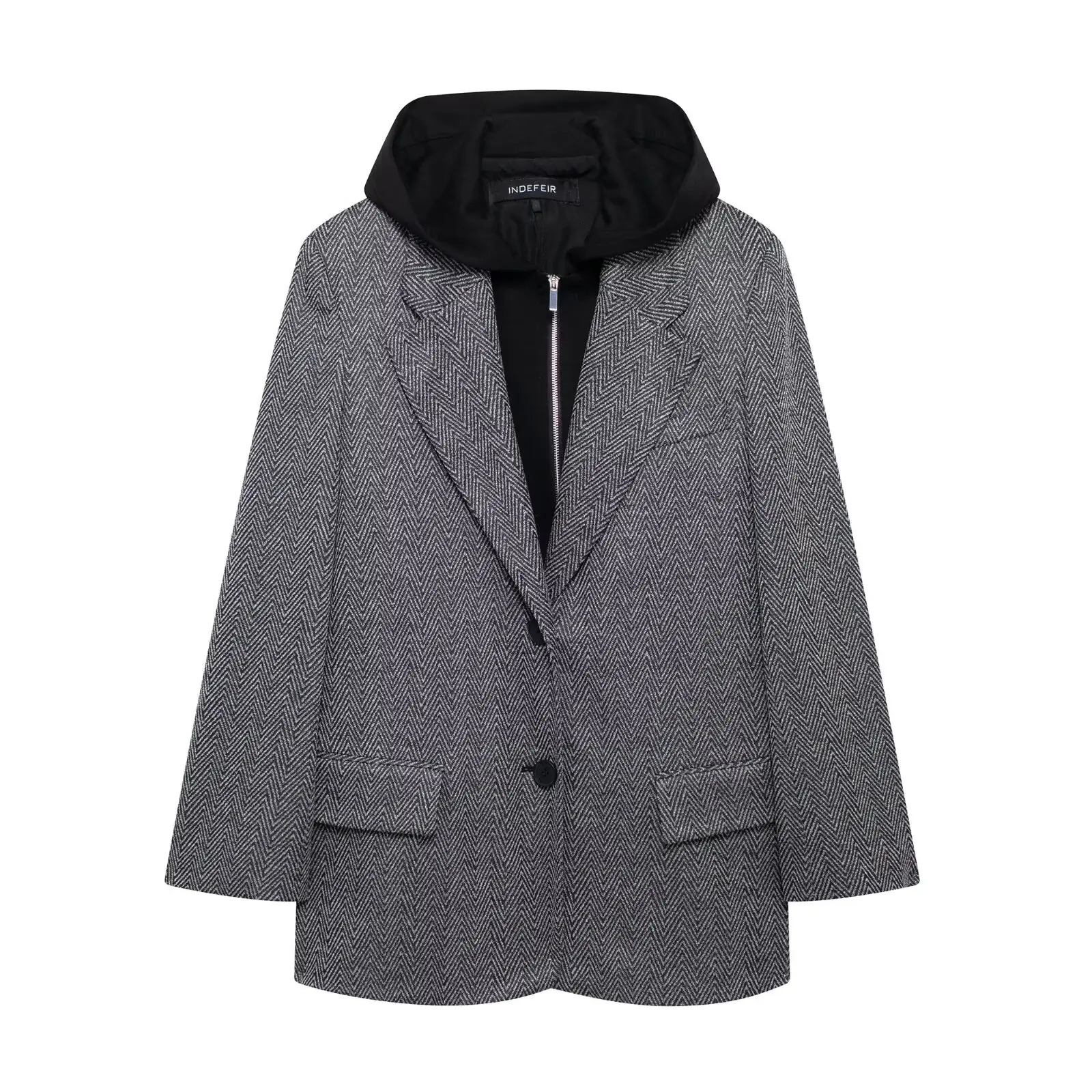 With Hoodies Blazer Womens Jackets Patchwork Outwear With Button Long Sleeve Coat Gray Elegant Streetwear Blazer Jackets 250109