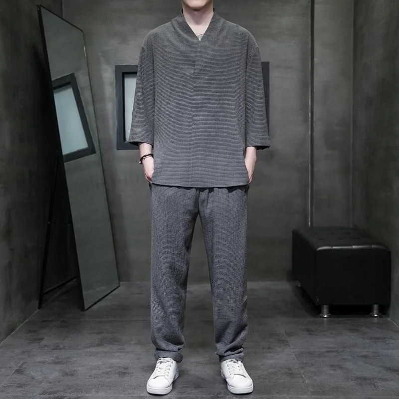 Vintage Button Tops Mens Two Piece Set Summer Casual Shirt and Pants Suits Outfit for Men Solid Color Tracksuit Leisure Clothing 250110