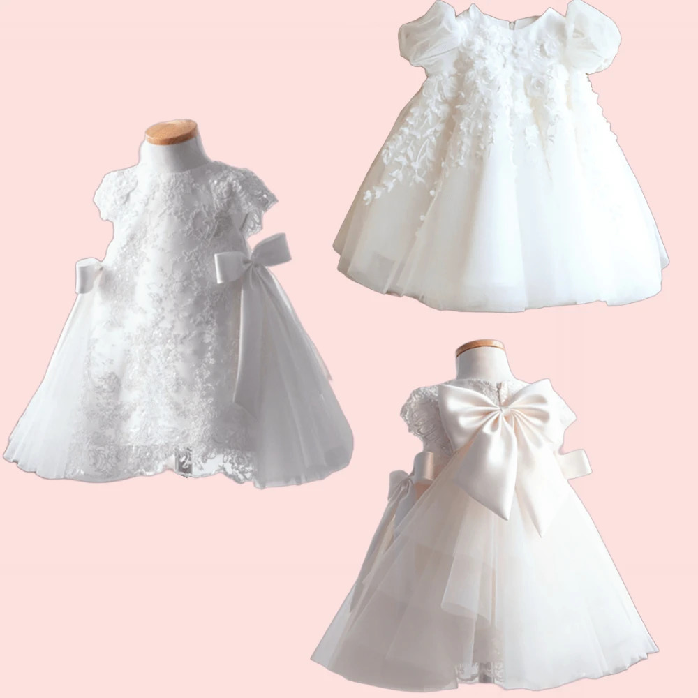 Lovely White Flower Girl Dress Short Sleeve Party Clothing Kids Birthday Gowns Wedding Dresses Princess Banquet Clothing 250120