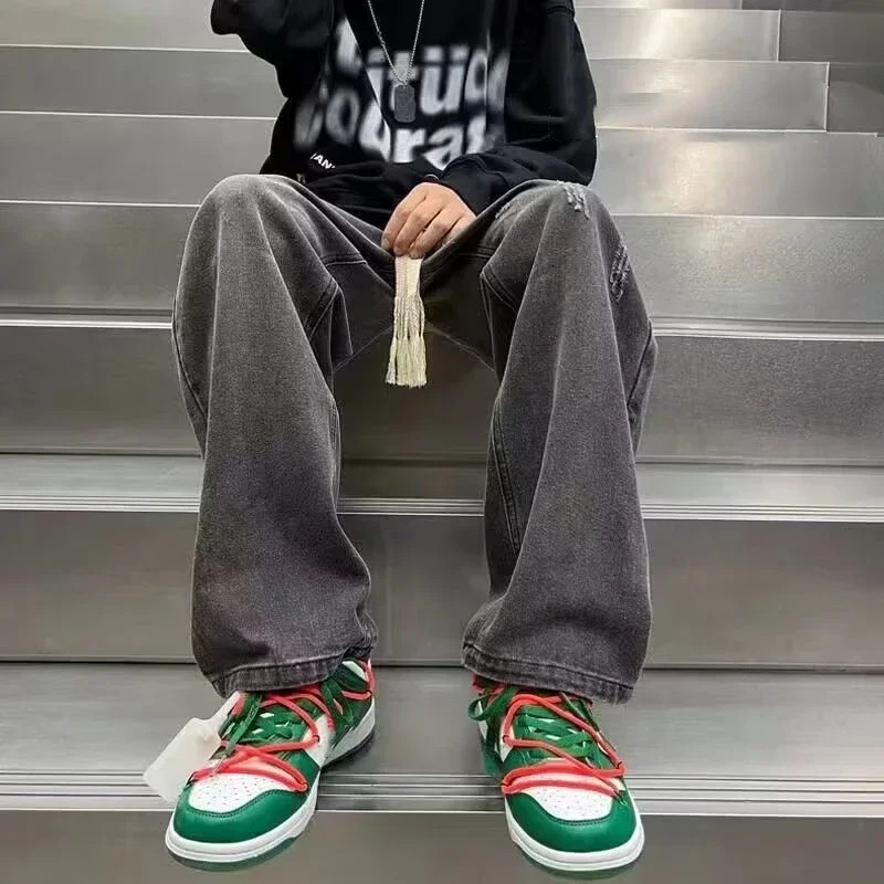 Mens Fashion Versatile Wide Leg Denim Pants Korean Concise Style Streetwear Trousers Lace Up n Straight Casual Jeans Male 250121