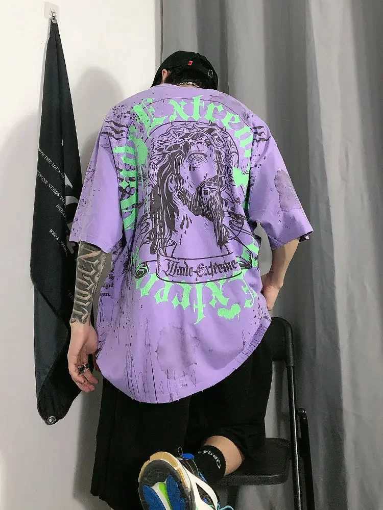 American retro long street skirt washed out mens T-shirt loose hip-hop style summer style Y2K Harajuku W250117