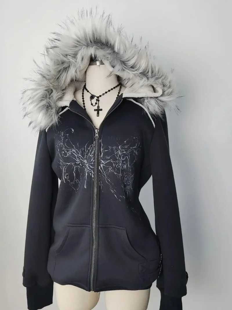 Y2K Gothic Printed Fur Collar Zipper Hoodie Womens Retro Millennium Hot Girl Ultra Thin Warm Harajuku Korean Street Casual Hoodie W250117