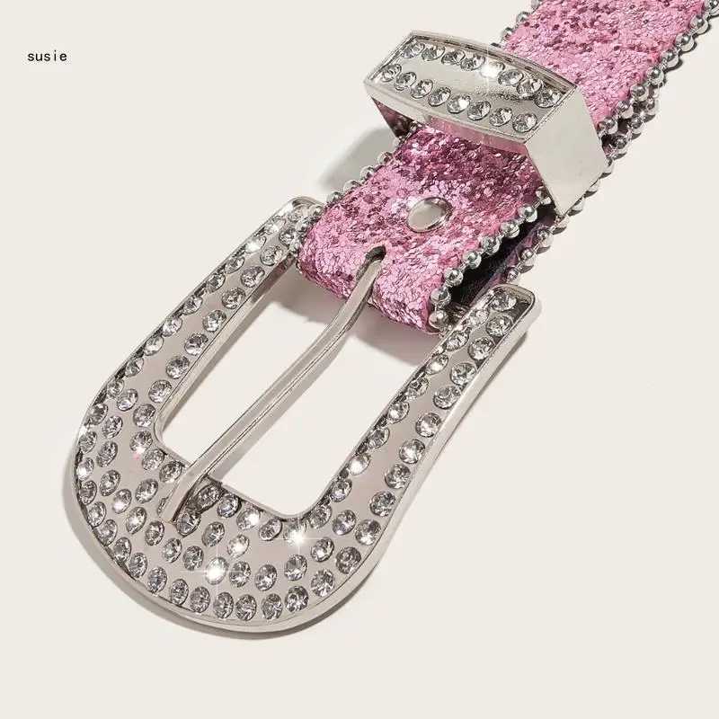 X7YA Pink Color Waist Belt Western Full Diamond Belt Cowgirl Cowboy Belt W250120