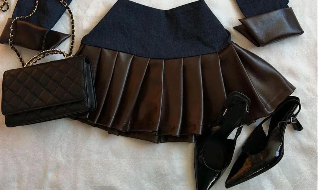 Y2K Denim Leather Splicing Two Piece Set Goth Zipper Long Sleeved Jacket Harajuku tie Pleated Skirt Autumn Suit 250122