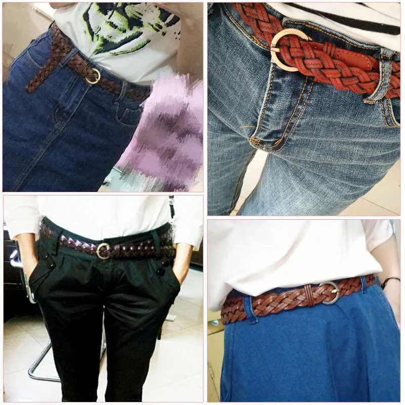 Women Leather Belt Waist Bands with Round Gold Buckle Braided Dress Belt Casual Thin Belt For Student Ladies Clothes Accessories W250120