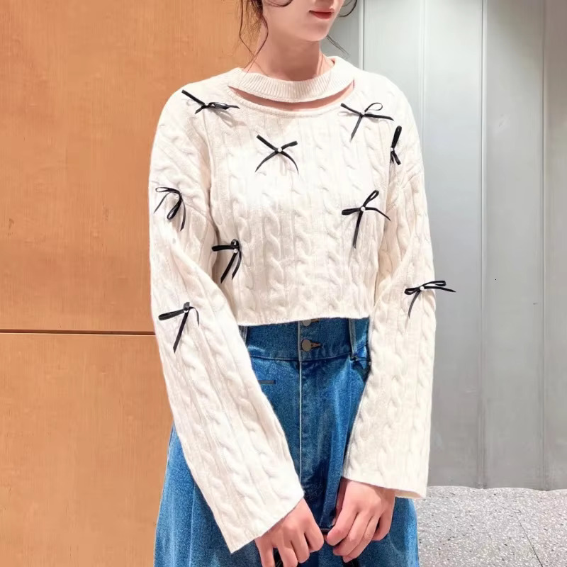 Long Sleeve Loose Women Knitted Tops Autumn 2024 Female Sweet Hollow Out Pullovers Bow All-Match Sweater