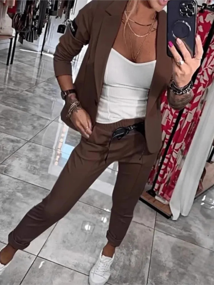 Casual Solid Slim Fit Blazer Twopiece Sets Autumn And Winter Women Fashion Button Cardigan Jacket Pencil Pants 2pcs Suit 250122