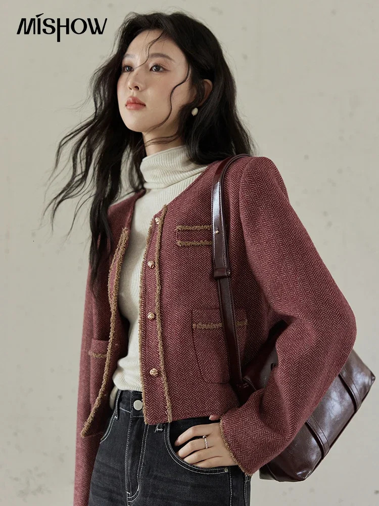 MISHOW Plaid Tweed Short Jacket Women French ONeck Long Sleeve Autumn Winter Temperament Contrast Color Top MXD34W0482 250122
