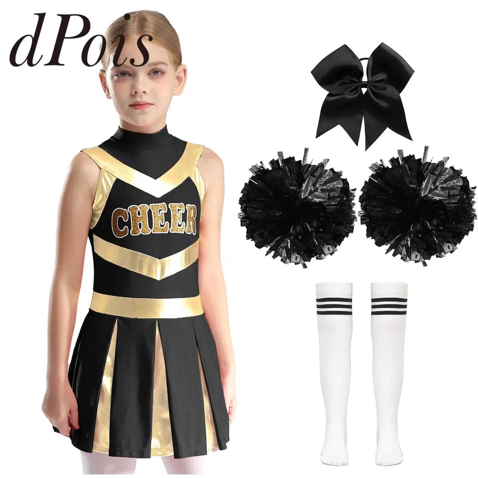 Kids Cheer Dance Outfit Girls Letter Print Pleated Dress Headwear Flower Balls Socks Cheerleader Costume Cheerleading UniformW250121