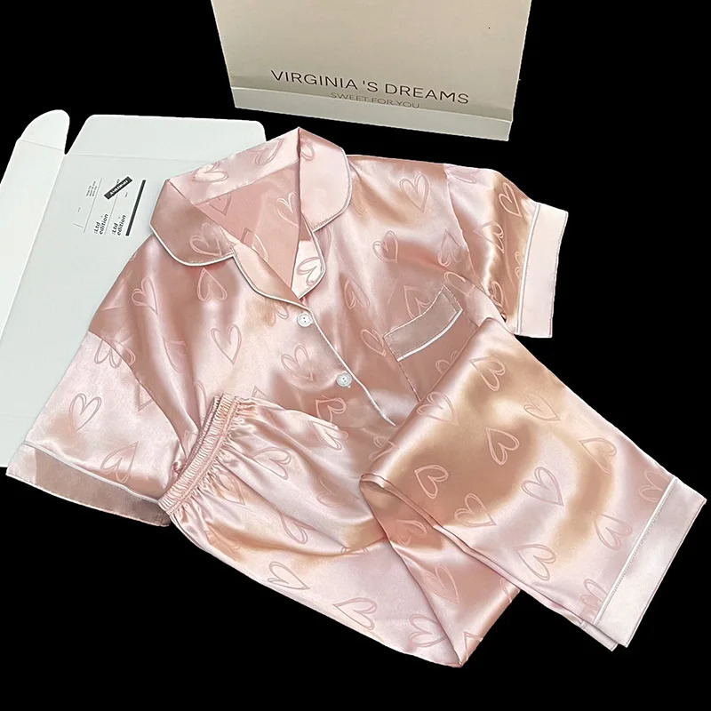 Sexy Nightwear Women Korean Soft Fashion Homewear Love Print Cardigan Lapel ShortSleeved Trousers Ladies Pajama Girl Sleepwear 250122