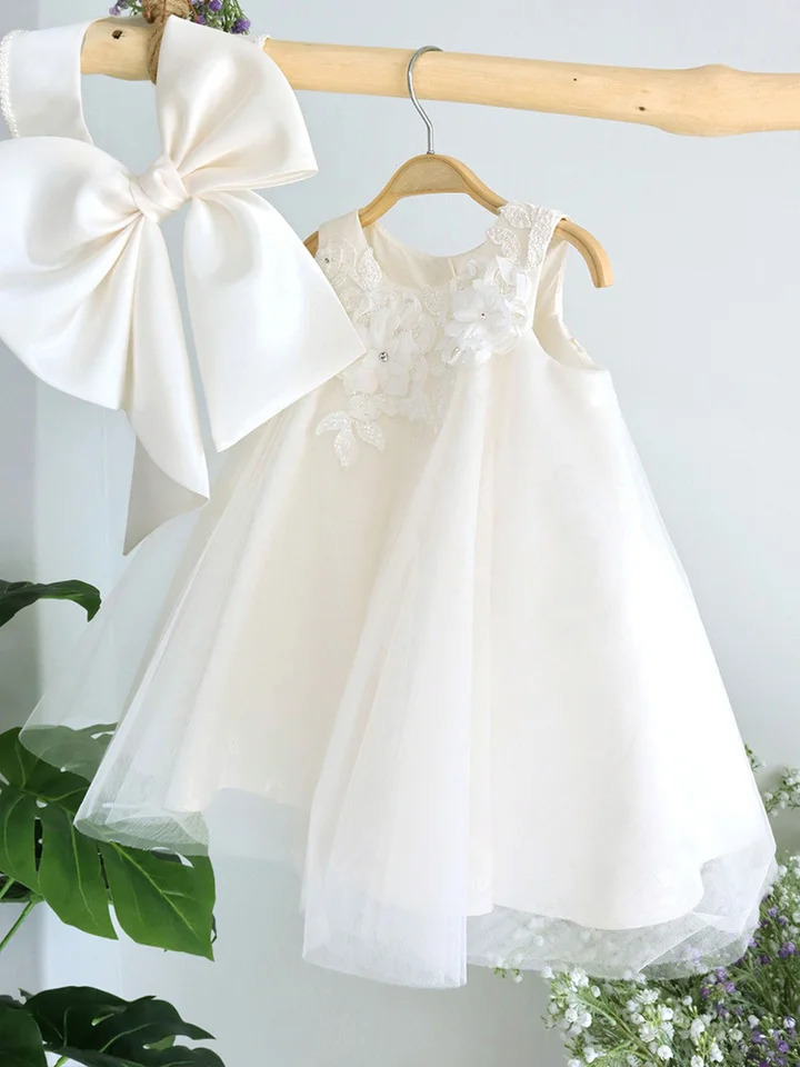 Lovely White Flower Girl Dress Short Sleeve Party Clothing Kids Birthday Gowns Wedding Dresses Princess Banquet Clothing 250120
