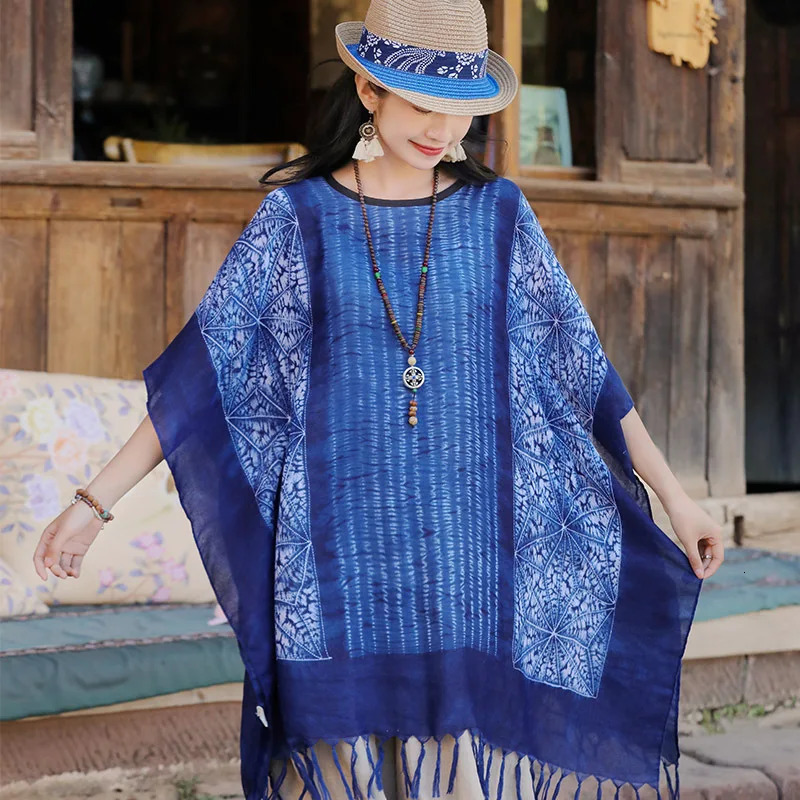 Summer Tie Dyed Ethnic Style Shawl Yunnan Dali Tourism Cloak Coat Shoulder Padded Sunscreen Cloak Tassel Shawl Girl 250121