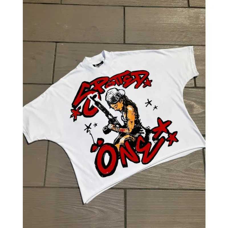 Large personalized graffiti pattern cotton wide T-shirt suitable for European and American street mens fashion trend couple clothing W250117